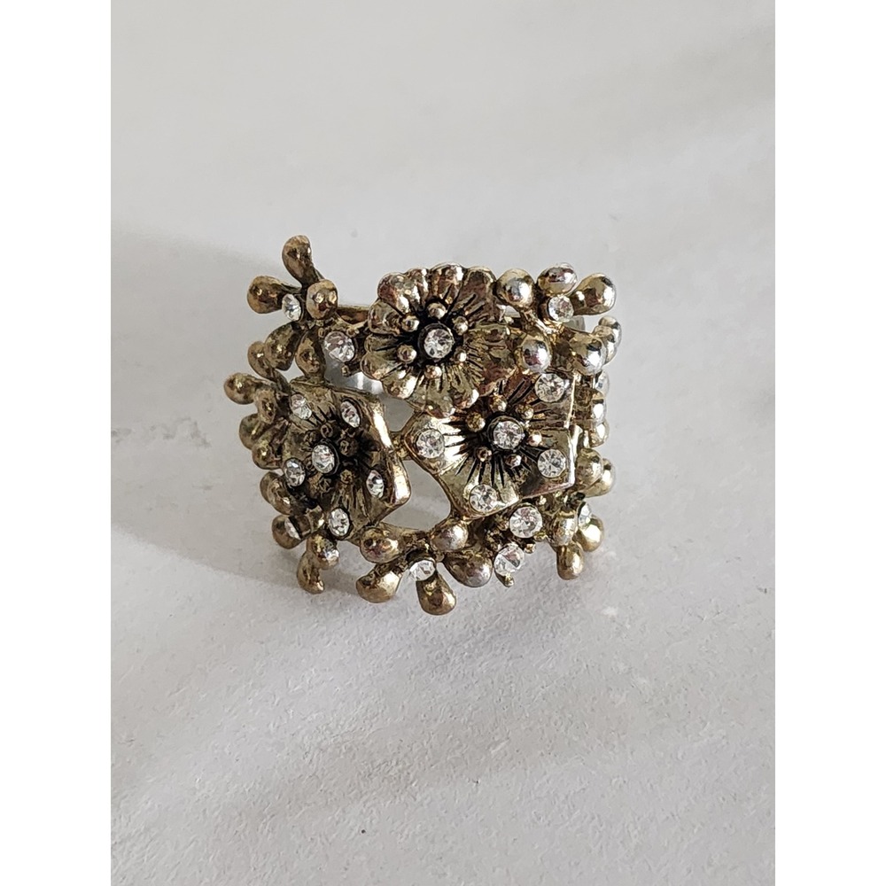 Vintage Style Floral Cluster Statement Ring Rhinestone Gold Tone Size 6.5